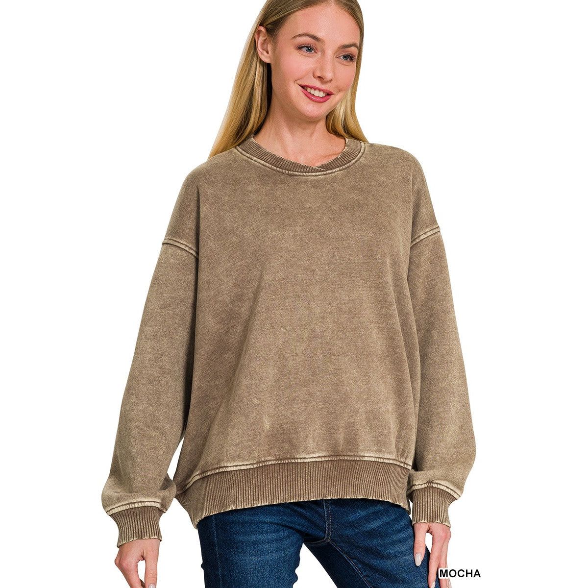 Zenana Acid Wash Oversized Fleece Pullover