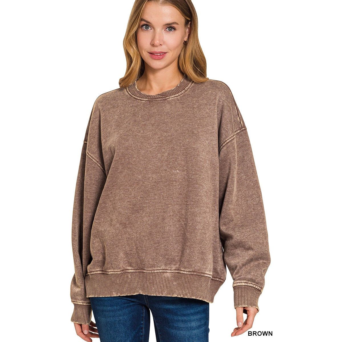 Zenana Acid Wash Oversized Fleece Pullover