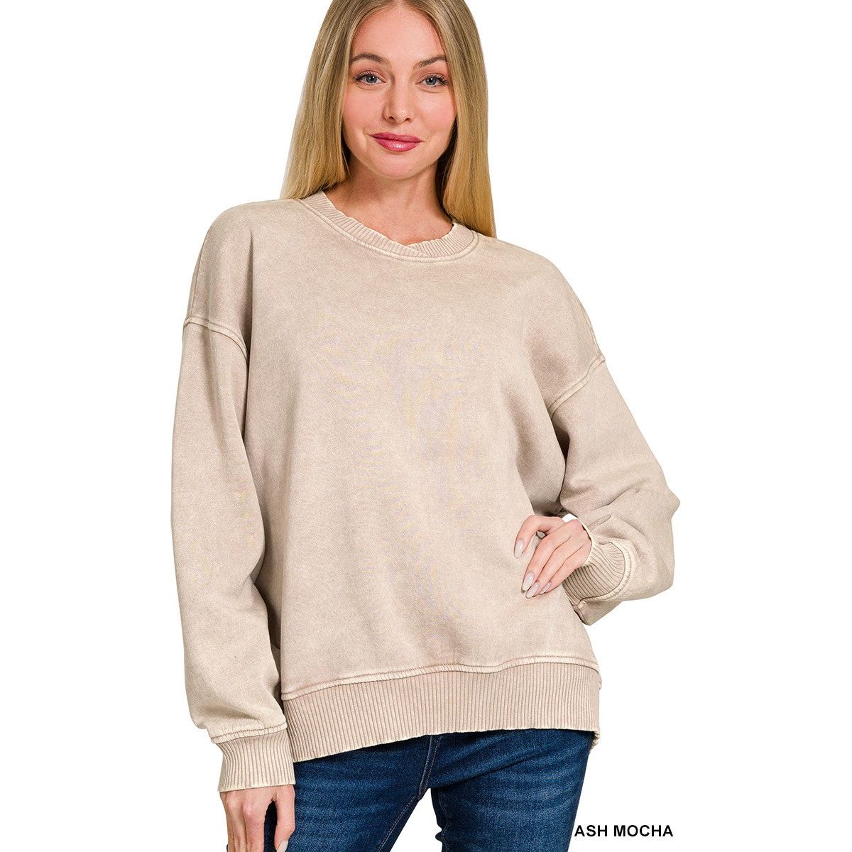 Zenana Acid Wash Oversized Fleece Pullover
