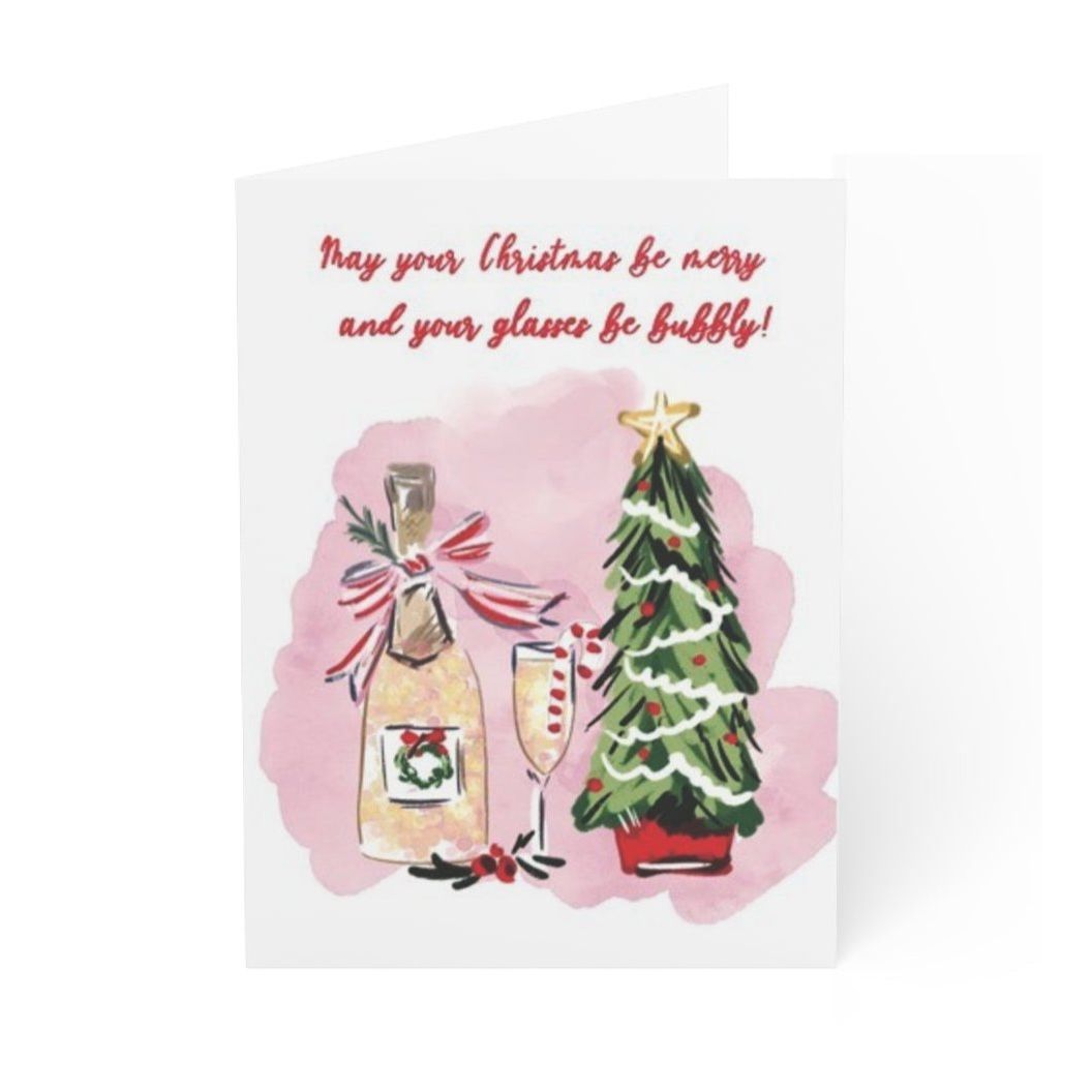 Christmas card with champagne bottle, tree, and text 'May your Christmas be merry and your glasses be bubbly!' on a white background.