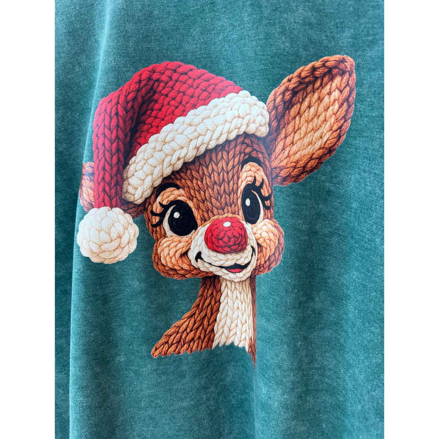 Embroidered reindeer face with Santa hat on a teal fabric background
