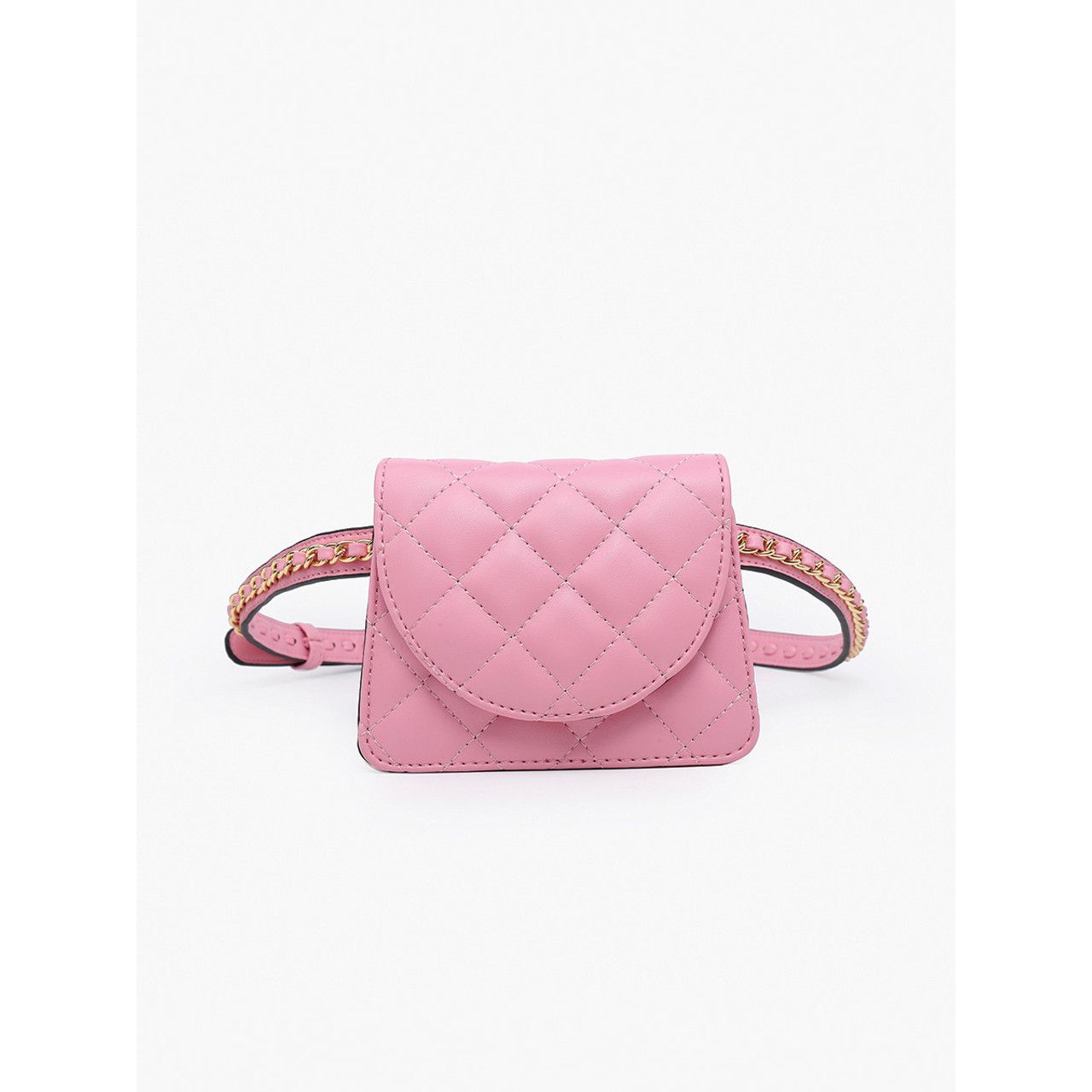 Pink quilted belt bag with a strap on a white background