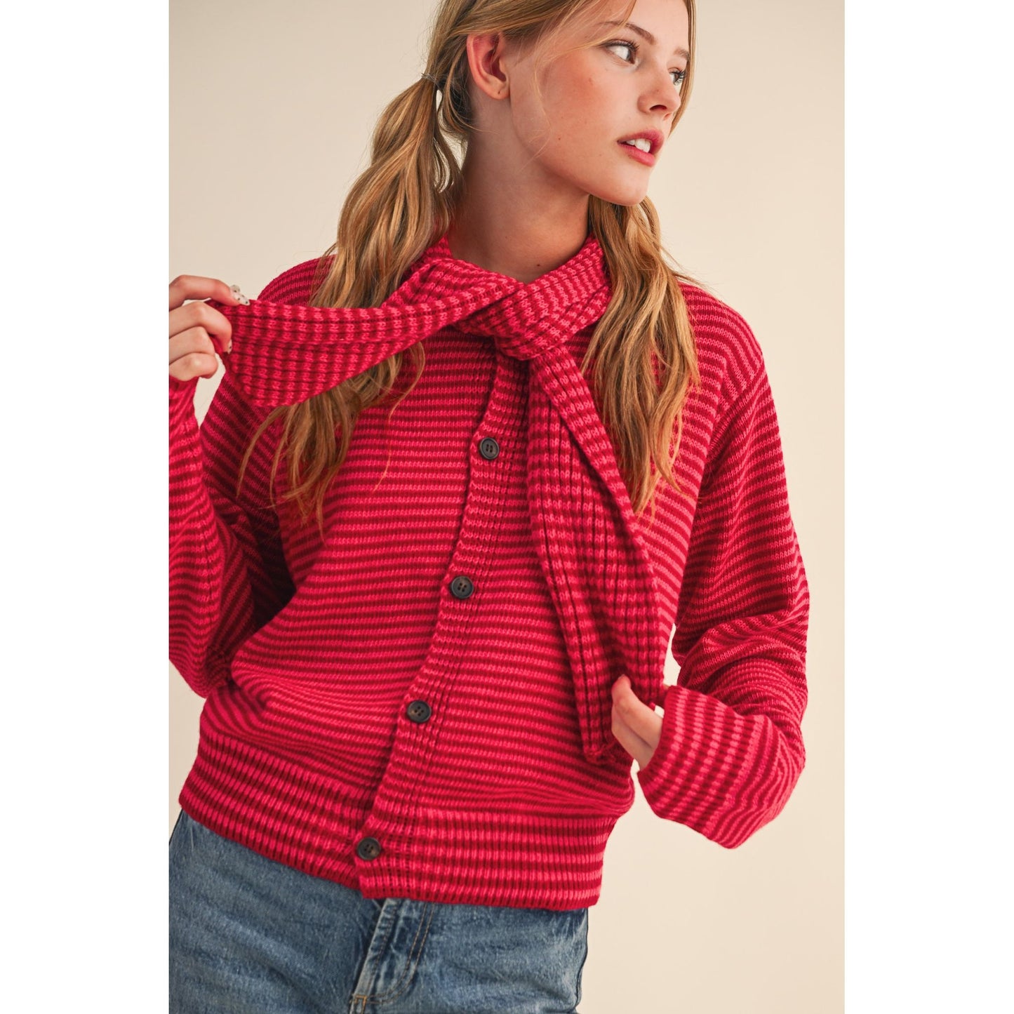 Striped Sweater Cardigan with Neck Tie