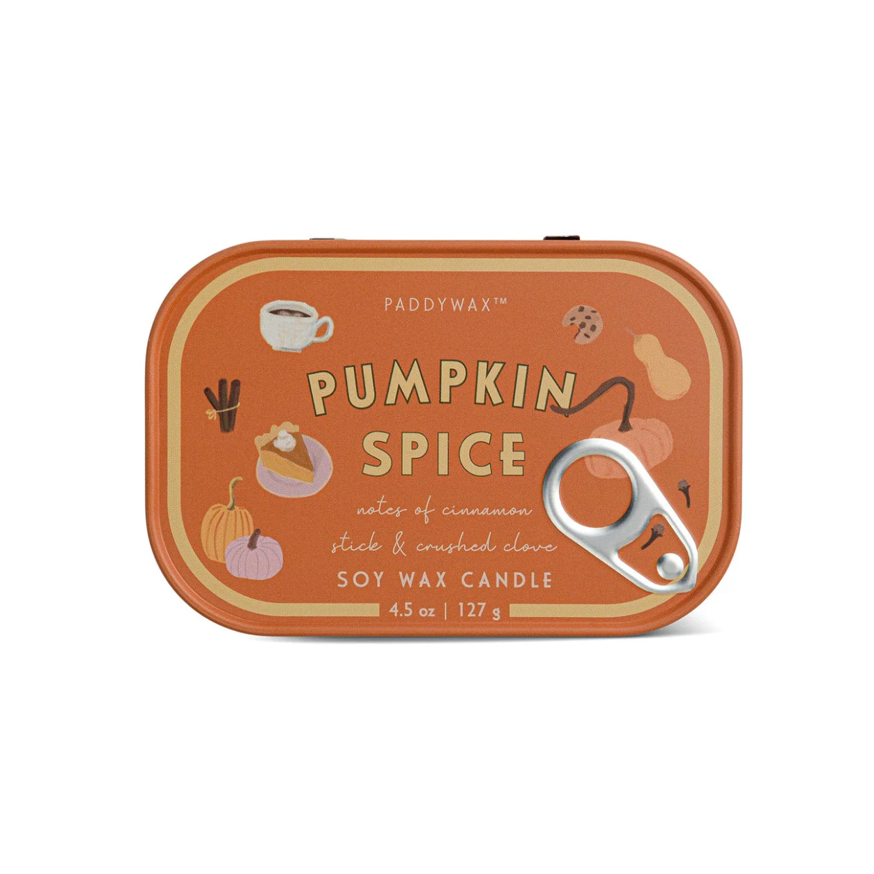 Paddywax Pumpkin Spice tin candle packaging on a white background