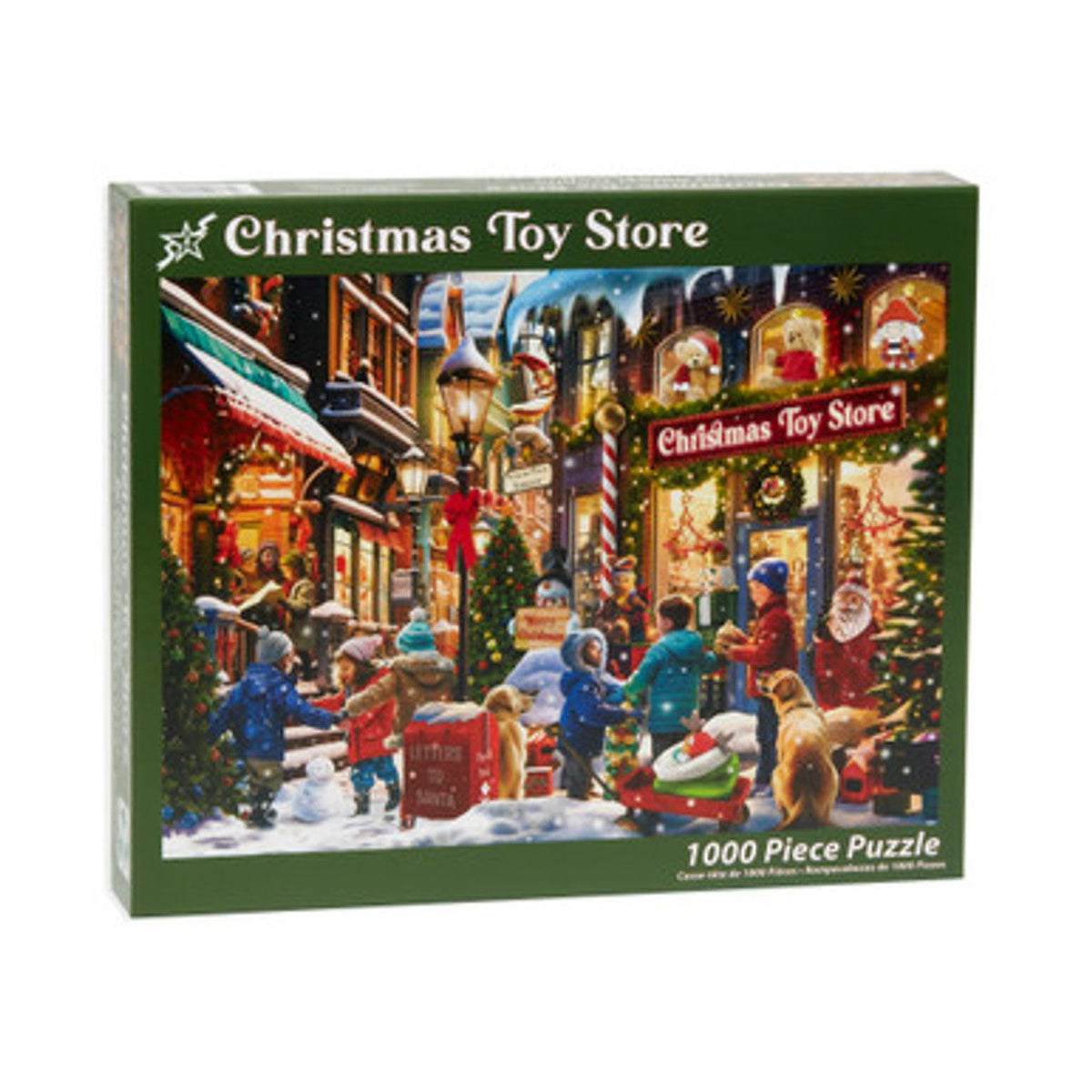 Jigsaw puzzle box featuring a Christmas scene with children and a toy store.