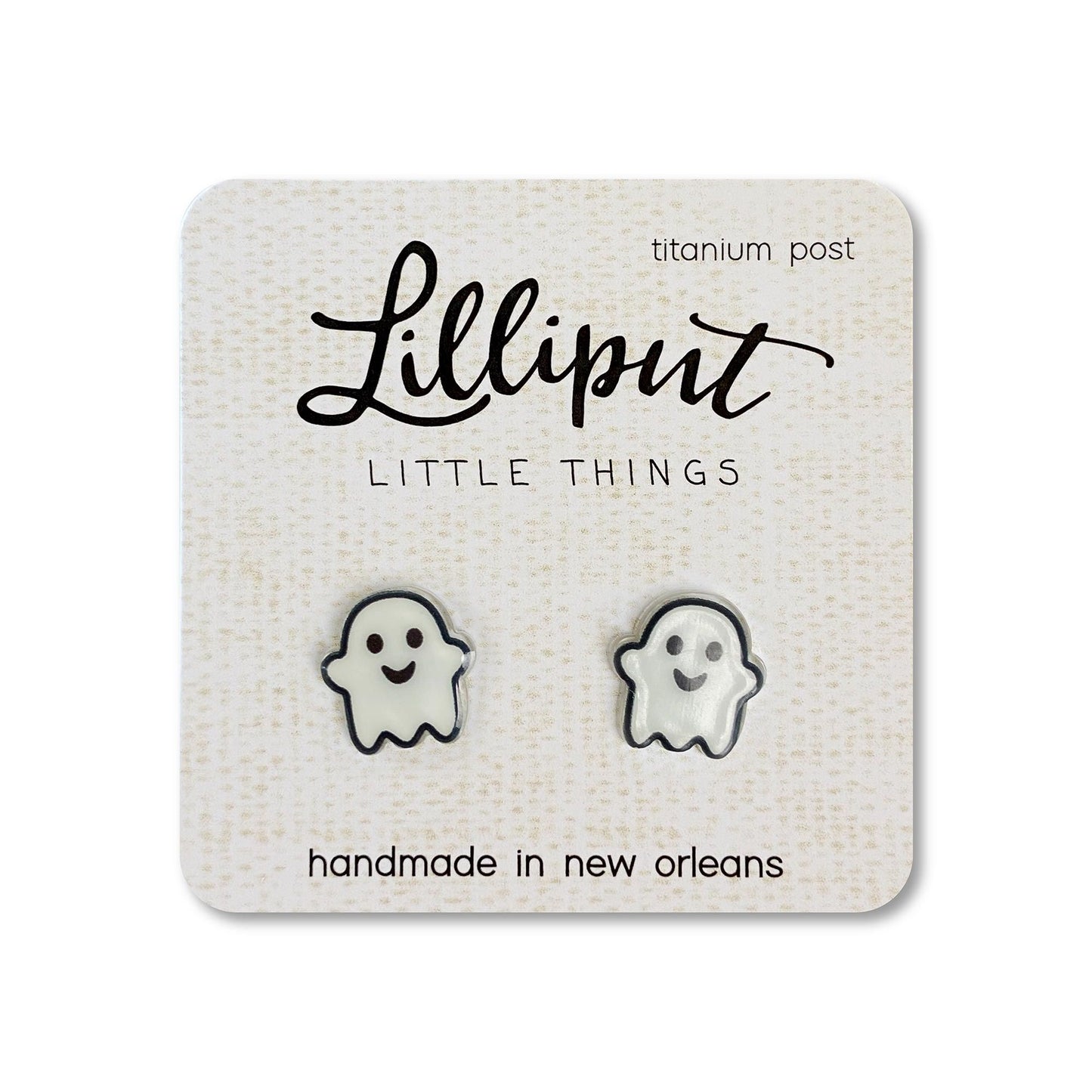 Ghost-shaped earrings on a Lilliput Little Things branded card.