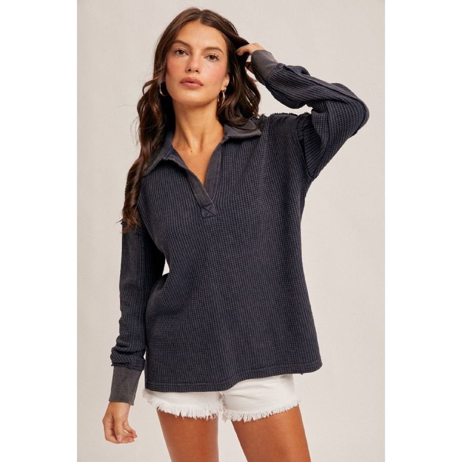 Long Sleeve Waffle V-Neck Top
