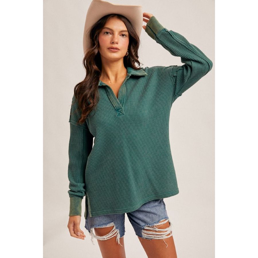 Long Sleeve Waffle V-Neck Top