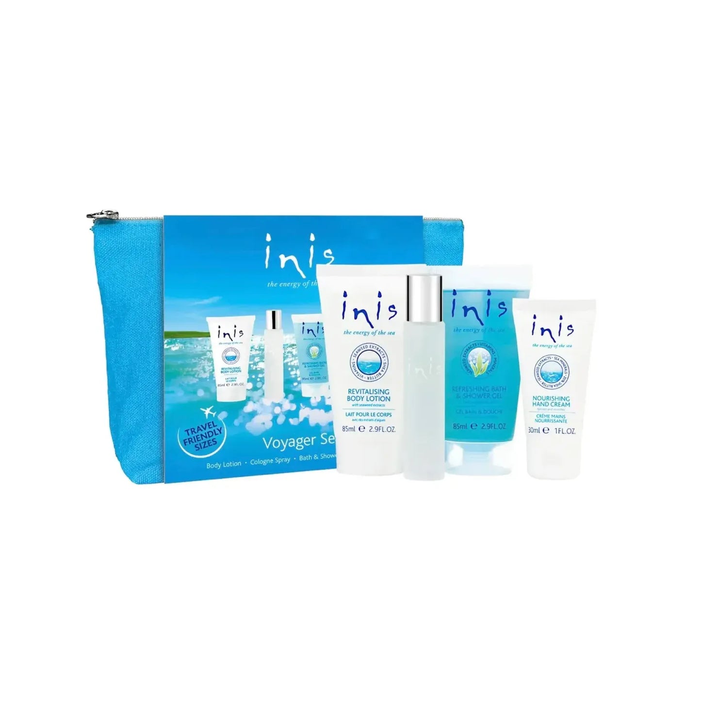 Inis skincare travel set with blue pouch on a white background