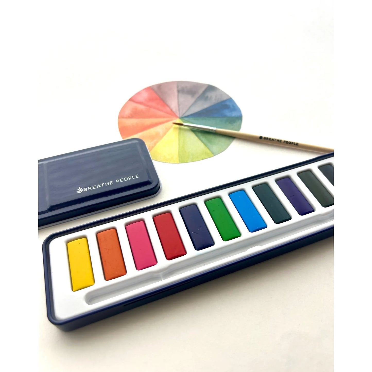 Set of watercolor paints with a color wheel and brush on a white background