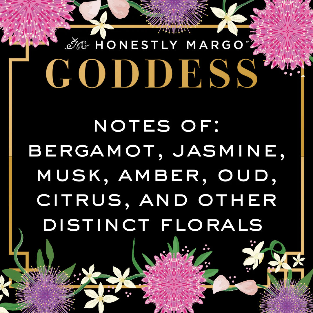 Product packaging for 'Goddess' by Honestly Margo with floral design and fragrance notes on a black background.