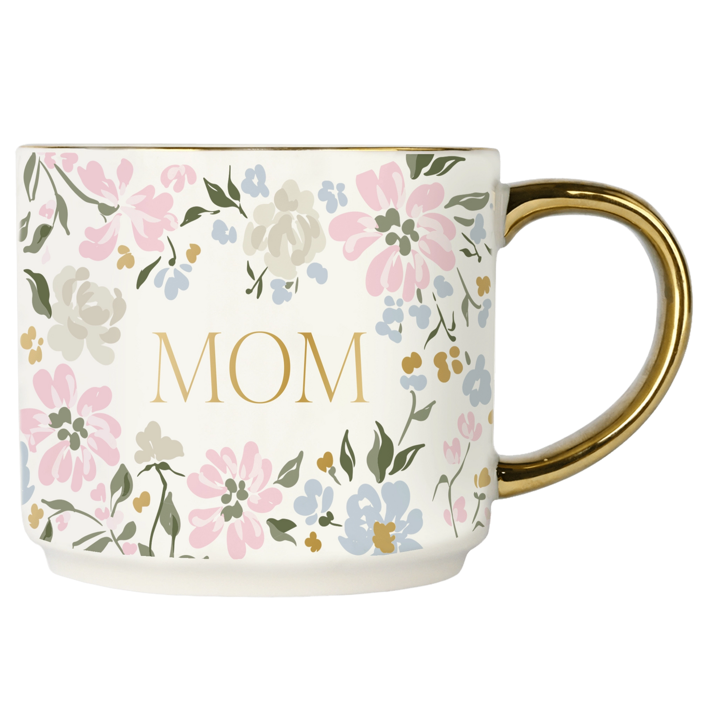 Mug with floral design and 'Mom' text on a white background
