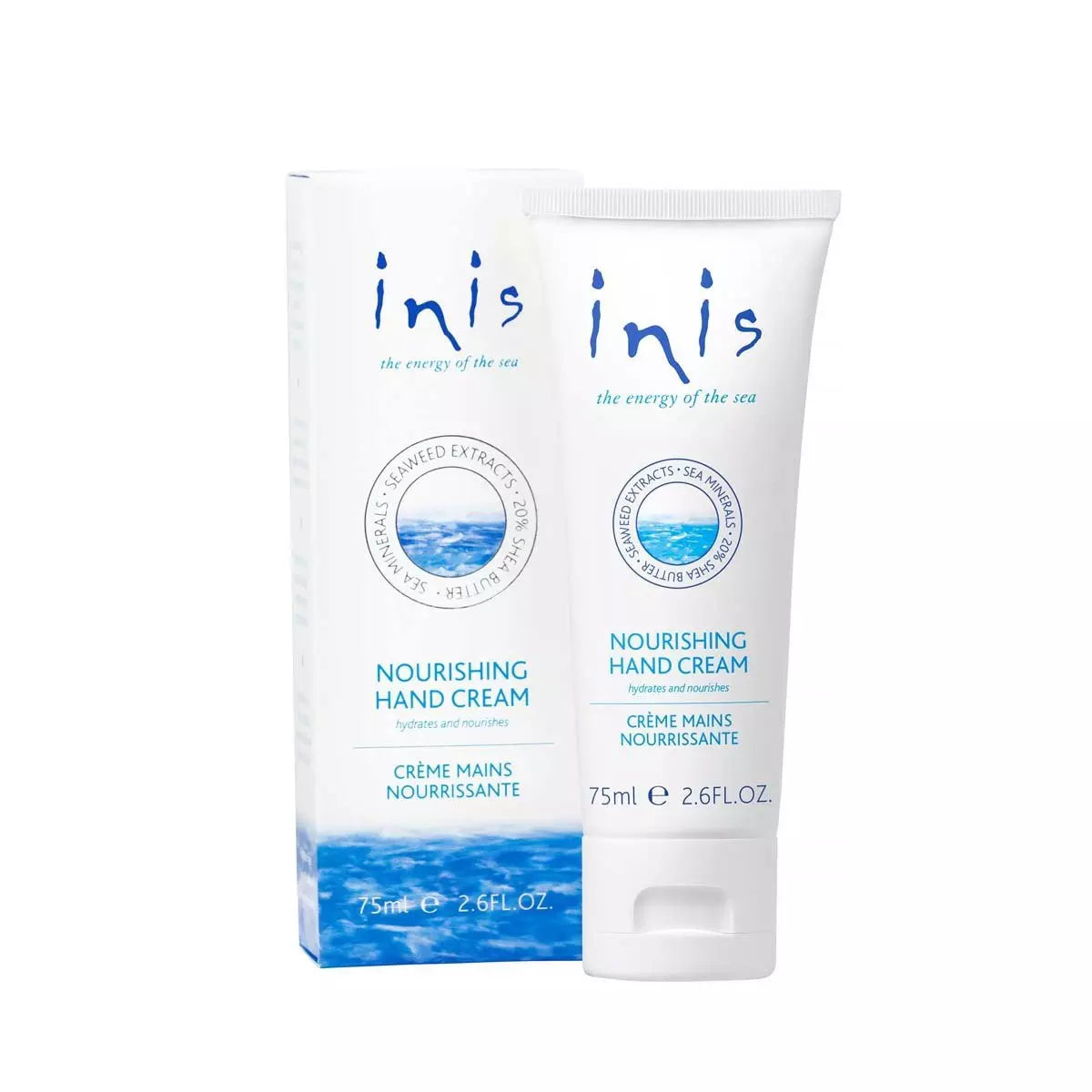 Inis nourishing hand cream bottle on white background.