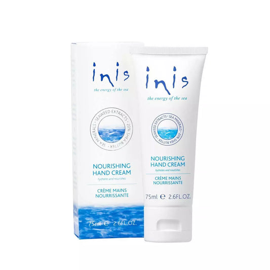 Inis nourishing hand cream bottle on white background.