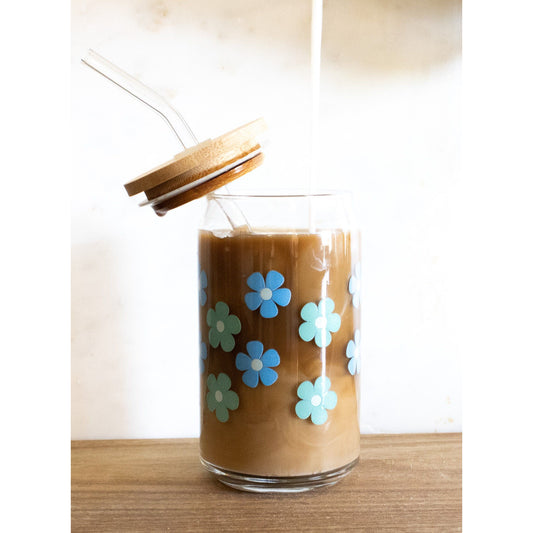 Daisy Glass Can with Straw
