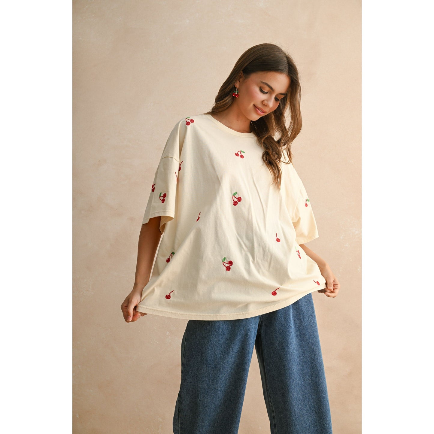 Cherry Embroidered Oversized Tee