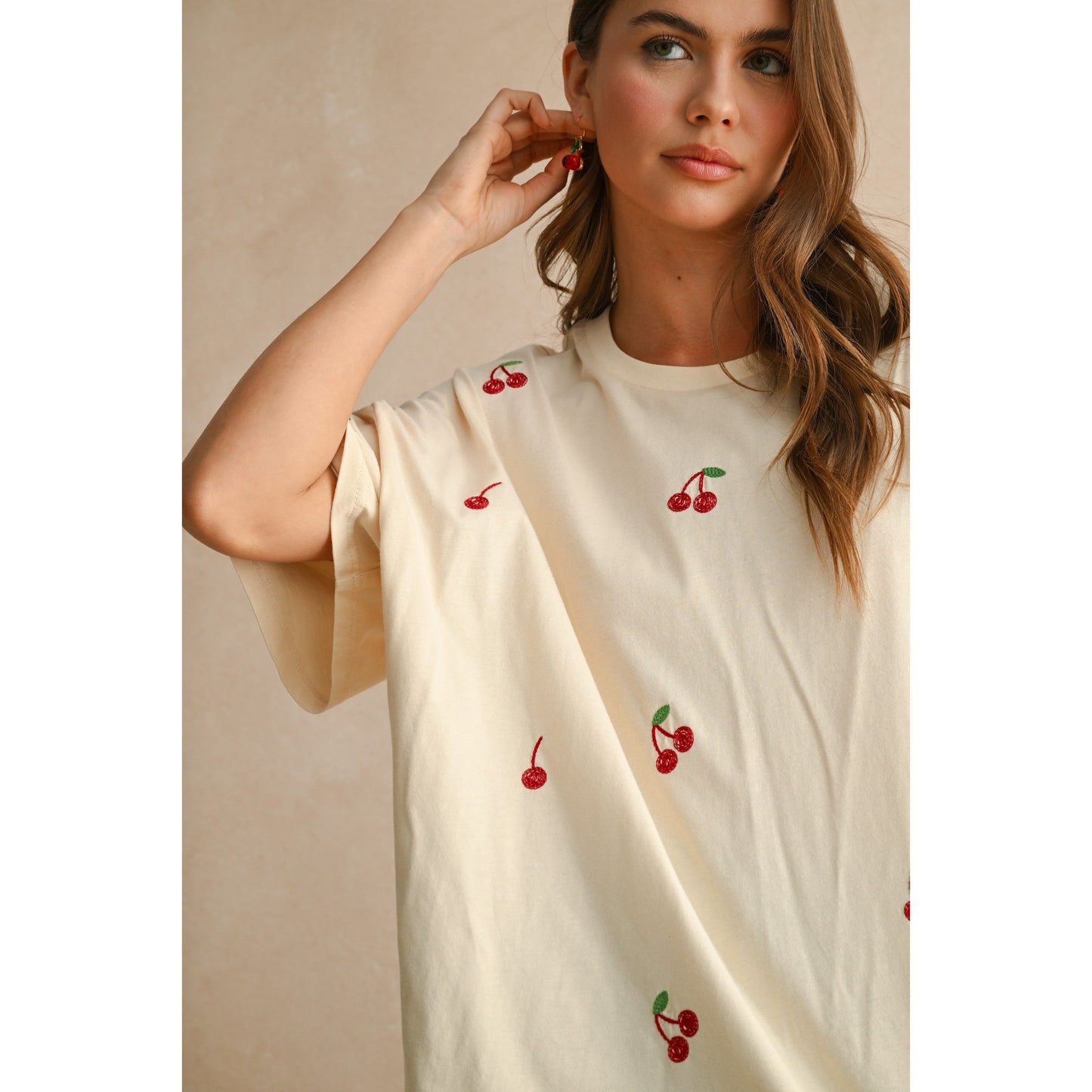 Cherry Embroidered Oversized Tee