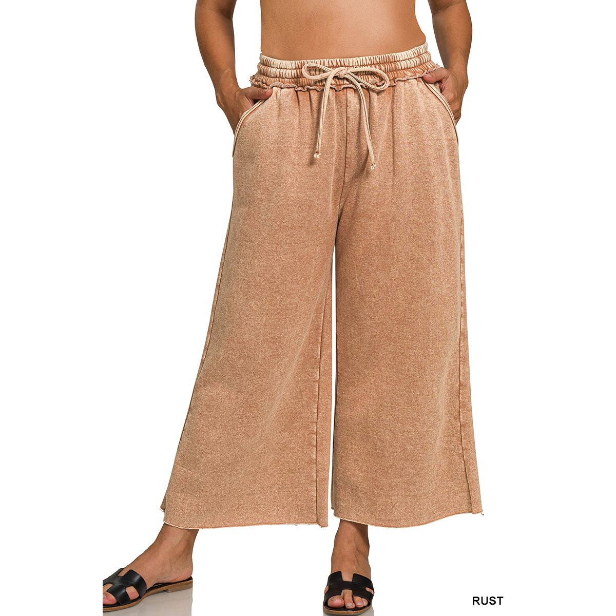 Zenana Acid Wash Palazzo Capri Sweatpants