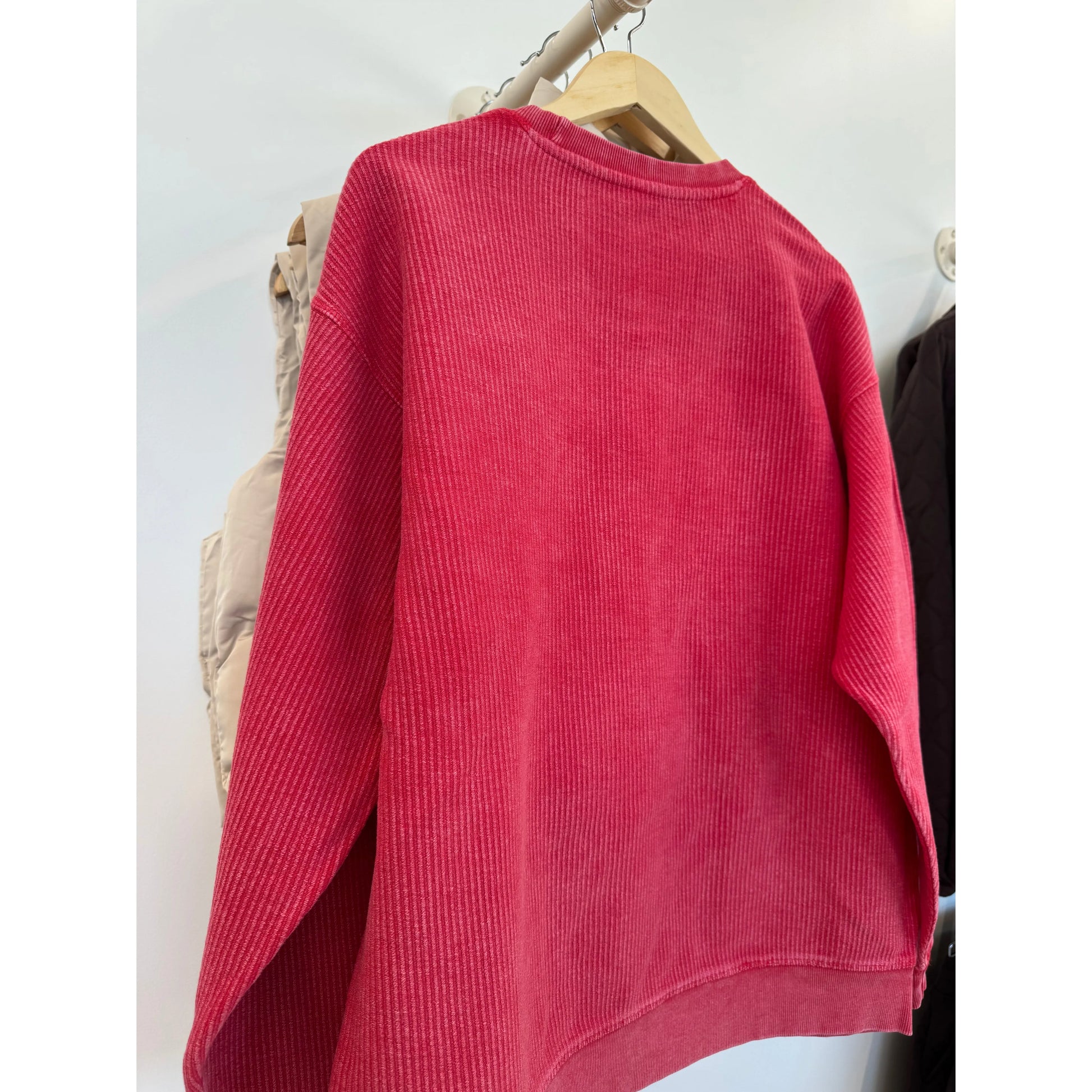 Red sweater on a hanger against a white wall