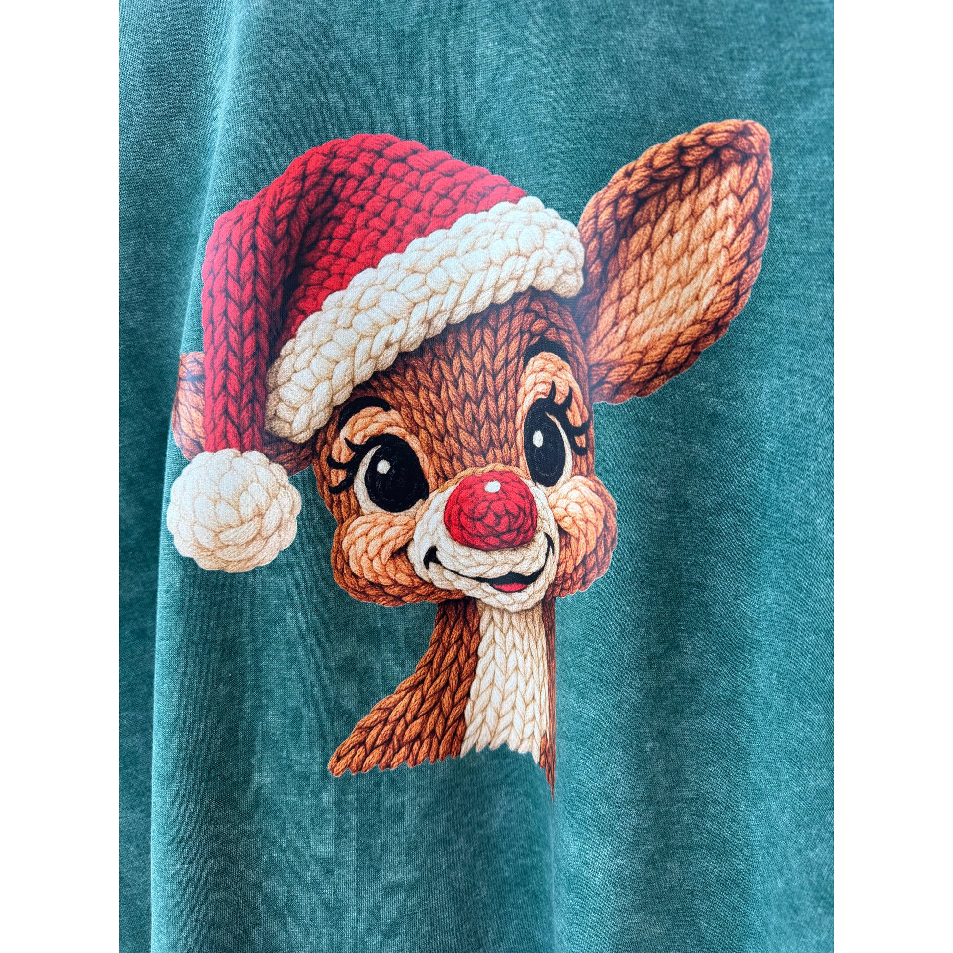 Embroidered reindeer face with Santa hat on a teal fabric background