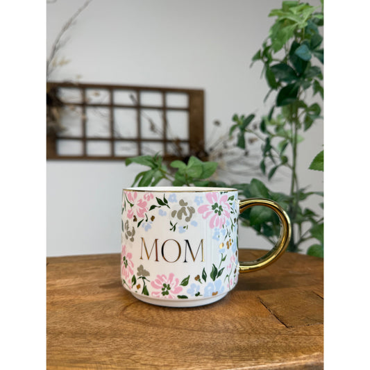 Floral Coffee mug with the word MOM on it.