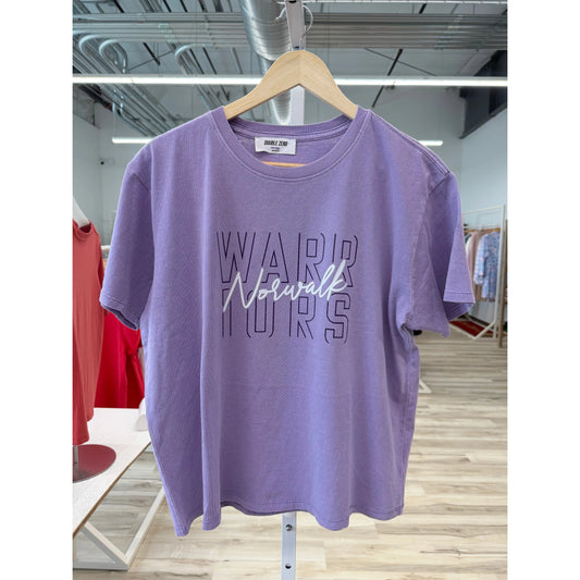 Purple t-shirt with 'Warriors' text on a hanger in a store setting