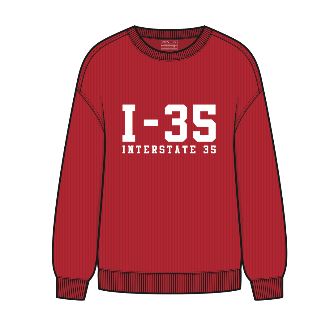 Red sweatshirt with 'I-35 INTERSTATE 35' text on a white background