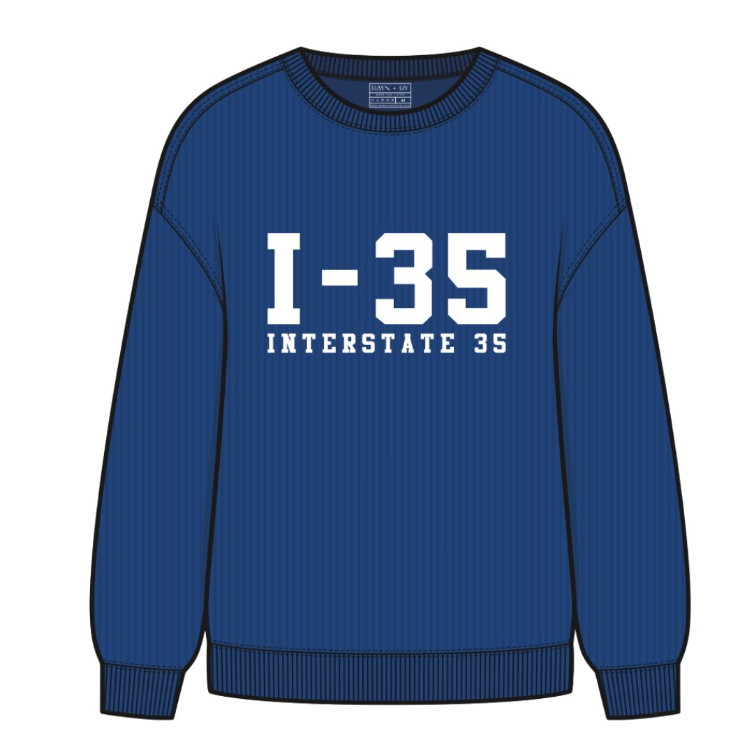 Blue sweatshirt with 'I-35 INTERSTATE 35' text on a white background