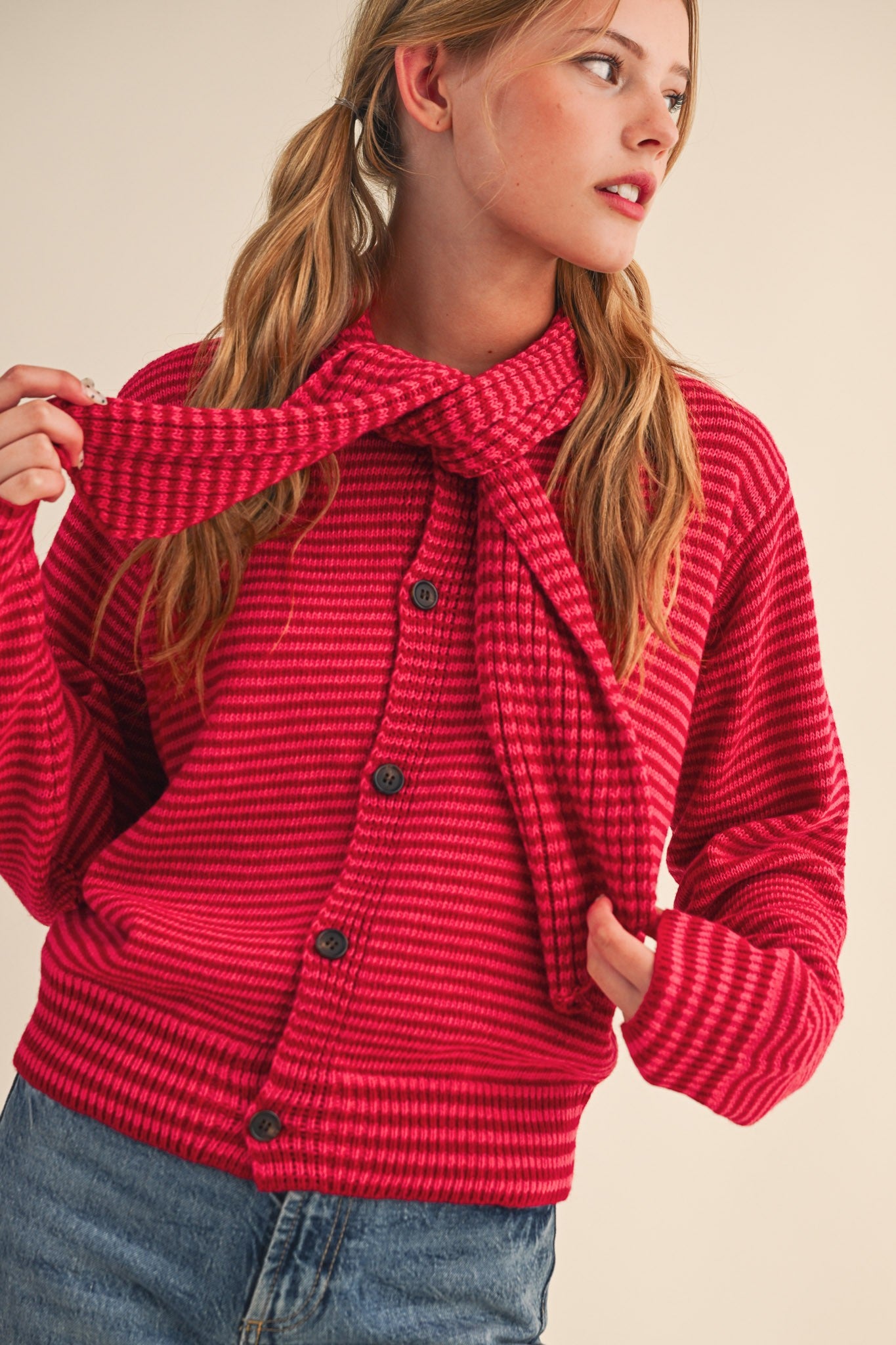 Striped Sweater Cardigan with Neck Tie