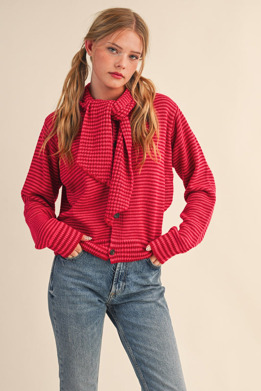 Striped Sweater Cardigan with Neck Tie