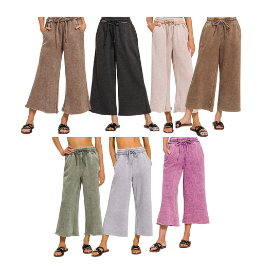Zenana Acid Wash Palazzo Capri Sweatpants