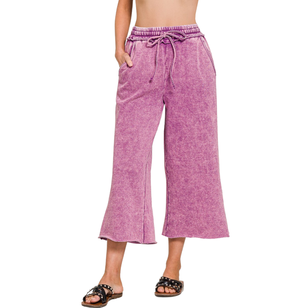 Zenana Acid Wash Palazzo Capri Sweatpants