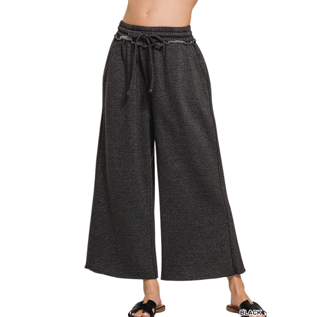 Zenana Acid Wash Palazzo Capri Sweatpants
