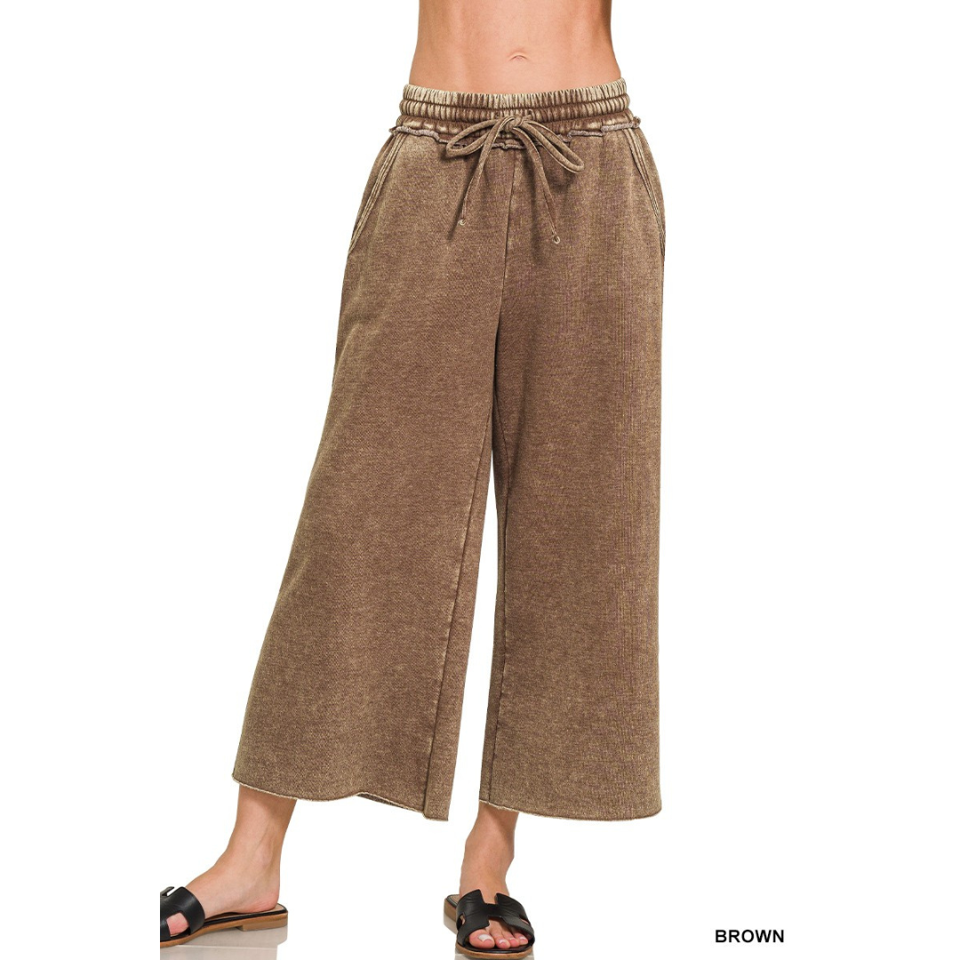 Zenana Acid Wash Palazzo Capri Sweatpants