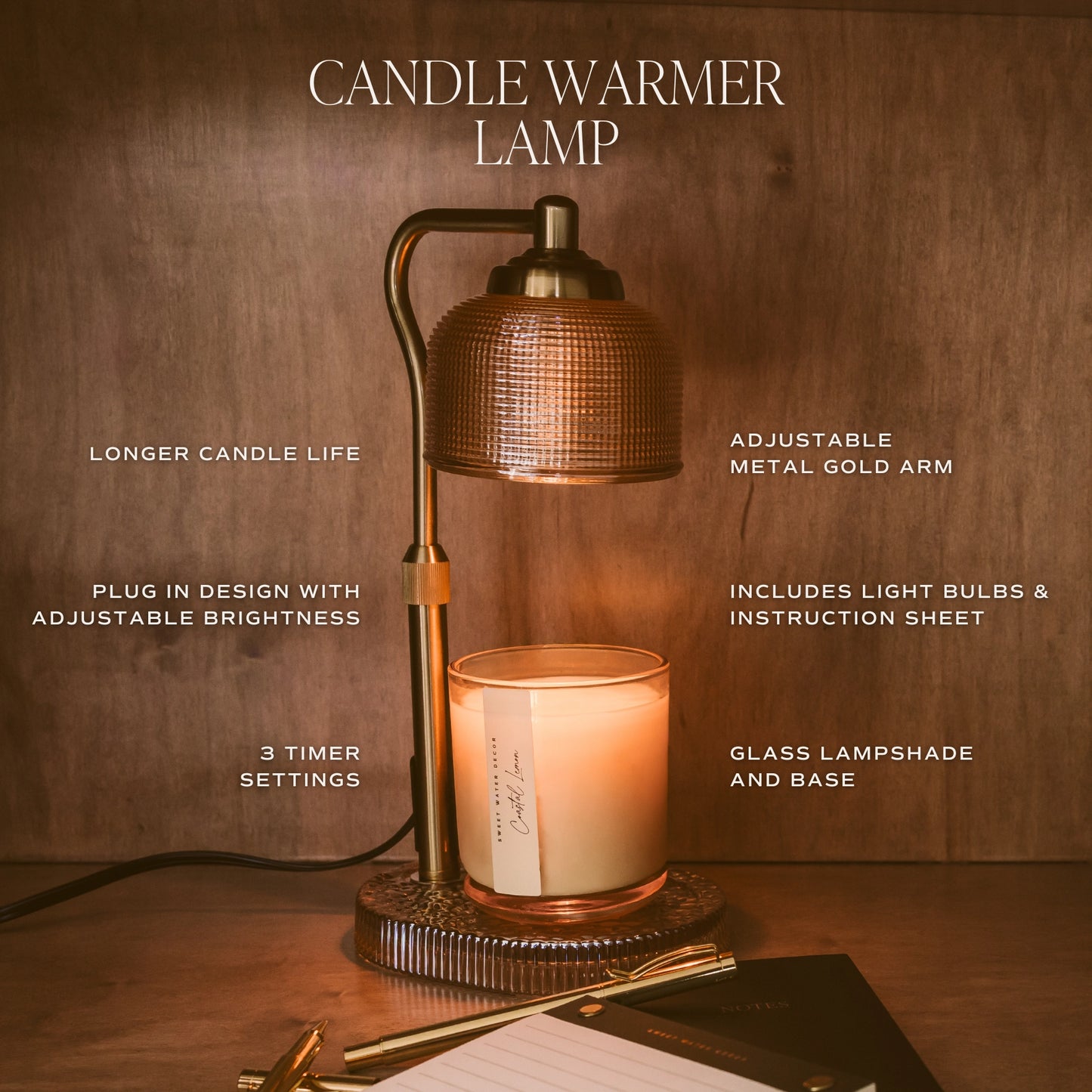 Candle warmer lamp with features listed on a wooden background