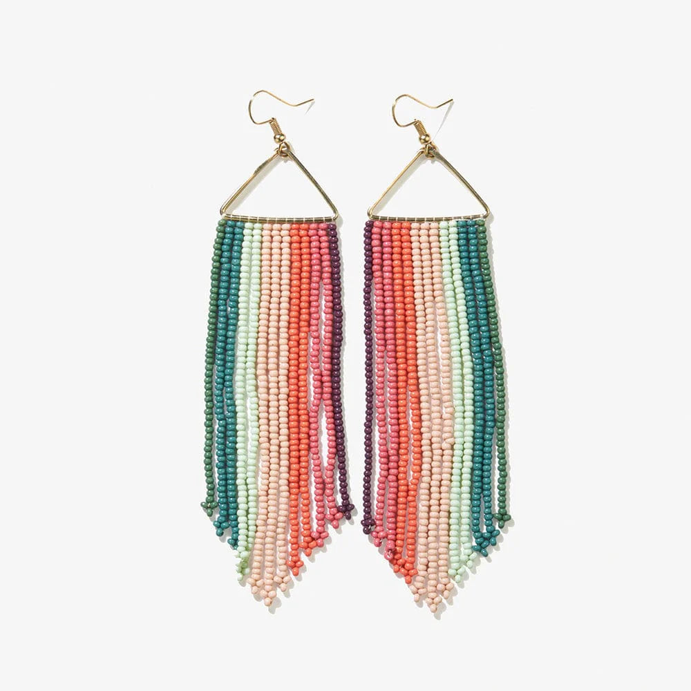 Beaded earrings with colorful strands on a white background