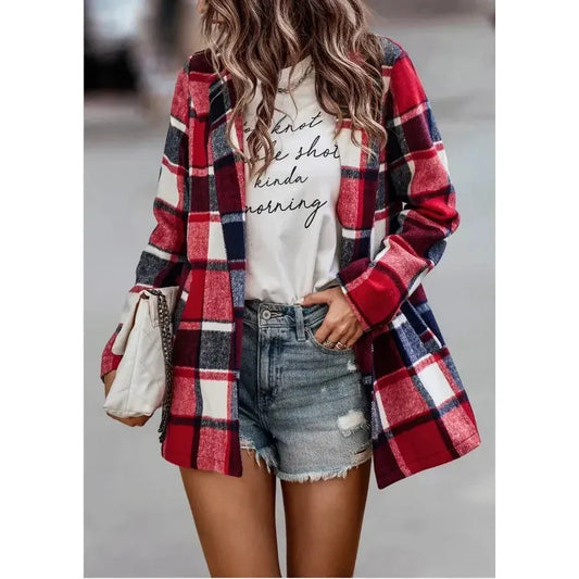 Red Plaid Open Blazer Jacket