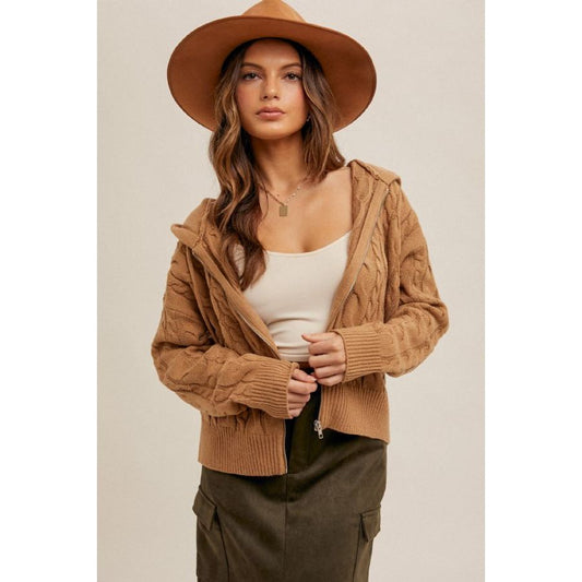 Mocha Cable Knit Zip Up Hoodie