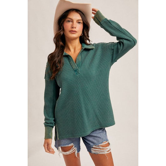 Long Sleeve Waffle V-Neck Top