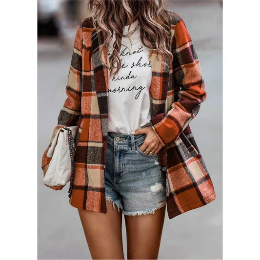 Orange Plaid Open Blazer Jacket