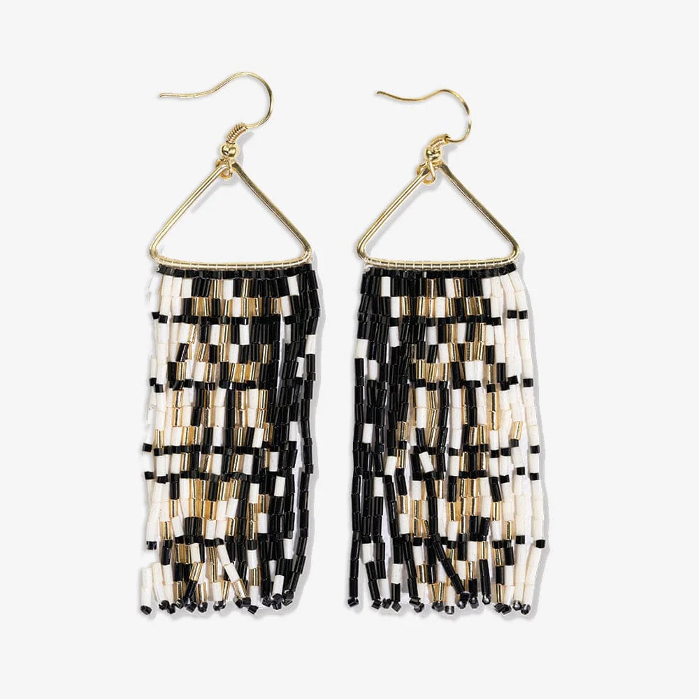 Beaded earrings with black, gold, and white pattern on a white background