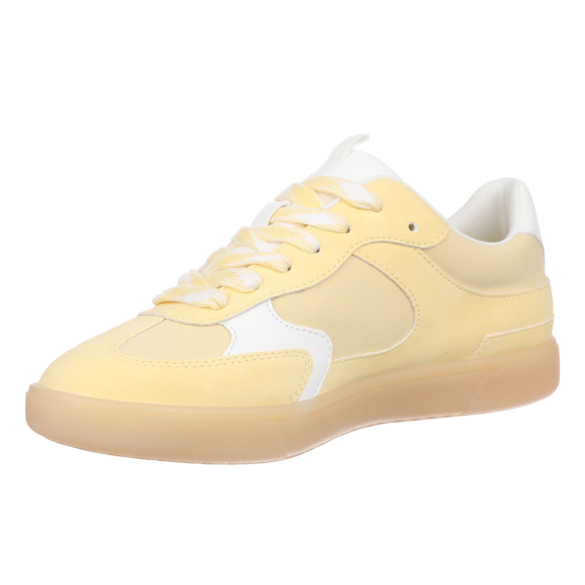 Yellow sneaker with white accents on a white background