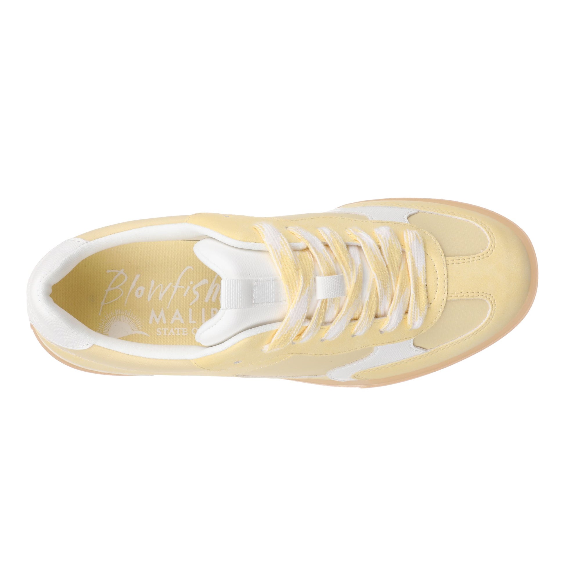 Yellow sneaker with white laces on a white background